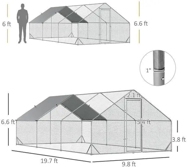 Alt view image 7 of 7 - PawHut Large Chicken Coop w/Waterproof Anti-UV Cover 9.8' x 19.7' x 6.6' | Metal Chicken Run, Spire Shaped Walk In Fence Cage Hen House, Outdoor Yard Farm Use, 1" Tube Diameter