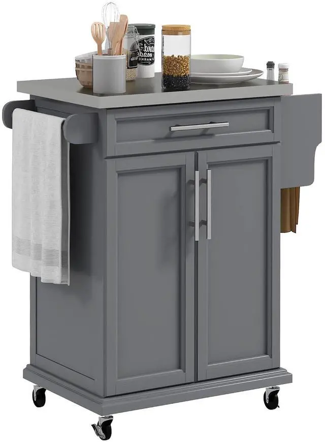 Main image of Kitchen Island on Wheels with Stainless Steel Countertop Gray | Rolling Kitchen Cart, Drawer, Towel Rack and Spice Rack, Utility Storage Trolley