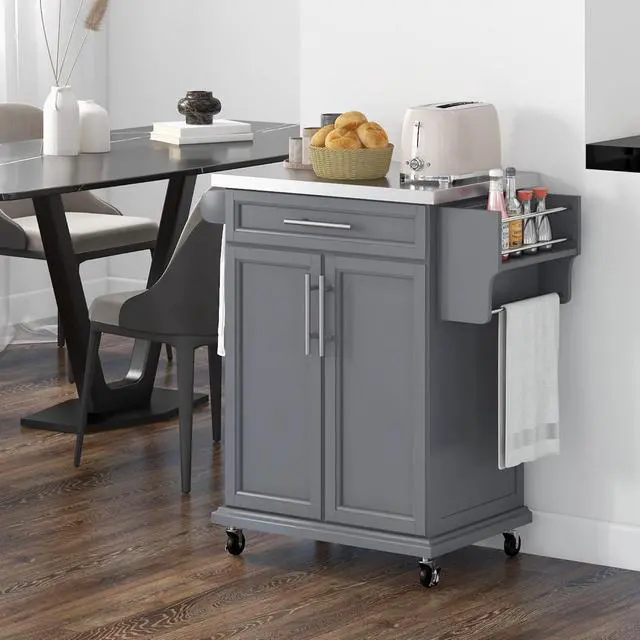 Alt view image 2 of 7 - Kitchen Island on Wheels with Stainless Steel Countertop Gray | Rolling Kitchen Cart, Drawer, Towel Rack and Spice Rack, Utility Storage Trolley