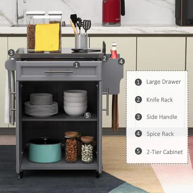 Alt view image 3 of 7 - Kitchen Island on Wheels with Stainless Steel Countertop Gray | Rolling Kitchen Cart, Drawer, Towel Rack and Spice Rack, Utility Storage Trolley