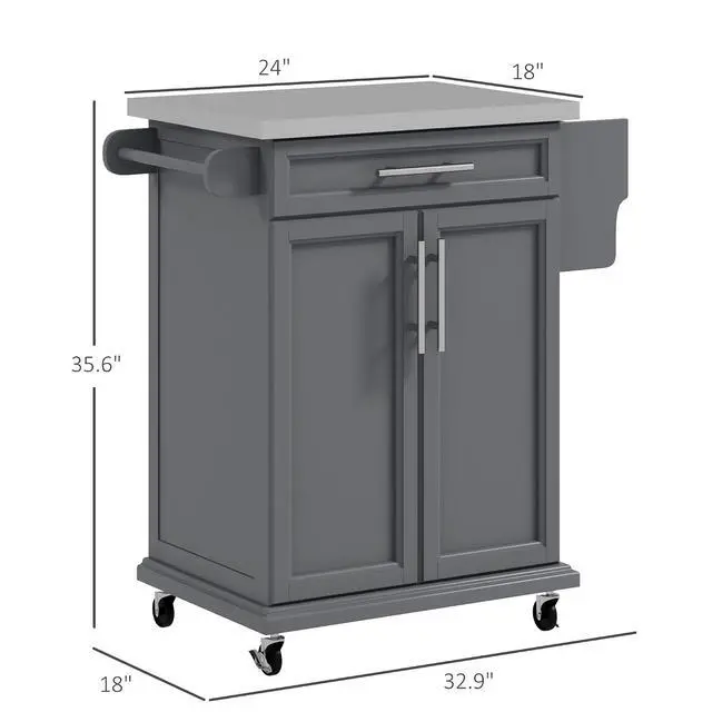 Alt view image 7 of 7 - Kitchen Island on Wheels with Stainless Steel Countertop Gray | Rolling Kitchen Cart, Drawer, Towel Rack and Spice Rack, Utility Storage Trolley