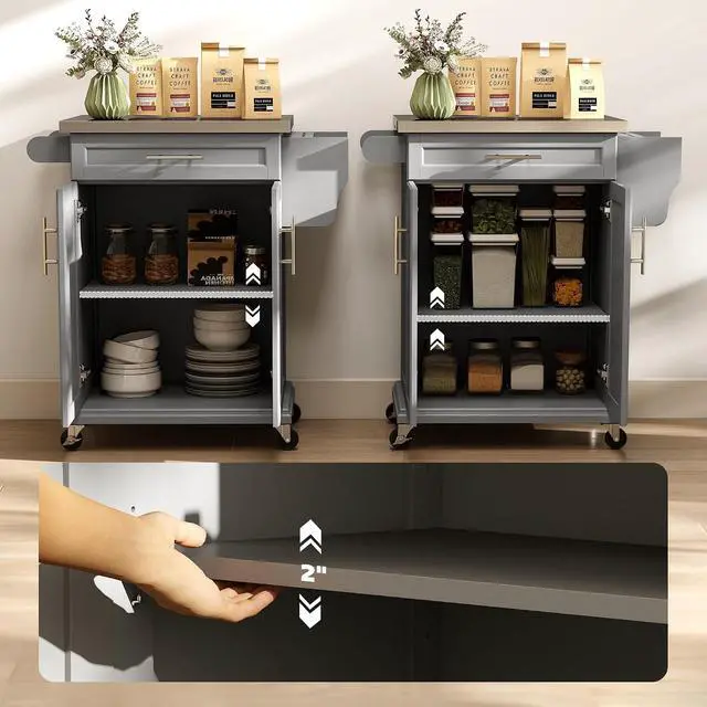 Alt view image 6 of 7 - Kitchen Island on Wheels with Stainless Steel Countertop Gray | Rolling Kitchen Cart, Drawer, Towel Rack and Spice Rack, Utility Storage Trolley