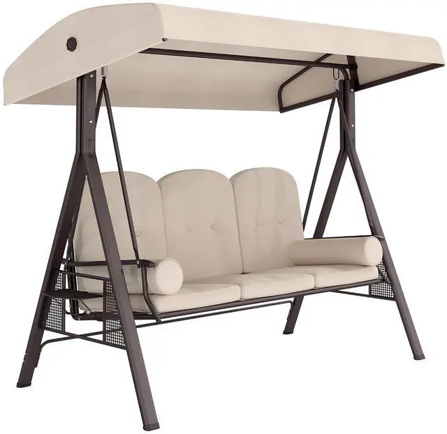 Main image of 3-Seat Patio Swing Chair Adjustable Canopy Beige | Outdoor Porch Swing Glider, Removable Cushion, Pillows, Side Trays, Garden, Poolside, Backyard