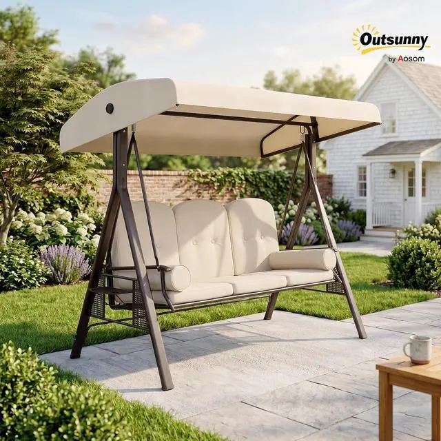 Alt view image 2 of 7 - 3-Seat Patio Swing Chair Adjustable Canopy Beige | Outdoor Porch Swing Glider, Removable Cushion, Pillows, Side Trays, Garden, Poolside, Backyard