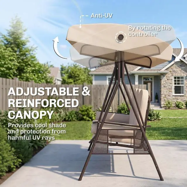 Alt view image 3 of 7 - 3-Seat Patio Swing Chair Adjustable Canopy Beige | Outdoor Porch Swing Glider, Removable Cushion, Pillows, Side Trays, Garden, Poolside, Backyard