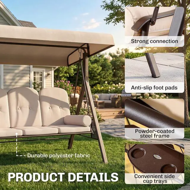 Alt view image 4 of 7 - 3-Seat Patio Swing Chair Adjustable Canopy Beige | Outdoor Porch Swing Glider, Removable Cushion, Pillows, Side Trays, Garden, Poolside, Backyard