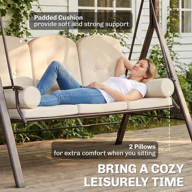 Alt view image 5 of 7 - 3-Seat Patio Swing Chair Adjustable Canopy Beige | Outdoor Porch Swing Glider, Removable Cushion, Pillows, Side Trays, Garden, Poolside, Backyard
