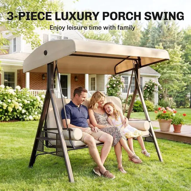 Alt view image 6 of 7 - 3-Seat Patio Swing Chair Adjustable Canopy Beige | Outdoor Porch Swing Glider, Removable Cushion, Pillows, Side Trays, Garden, Poolside, Backyard