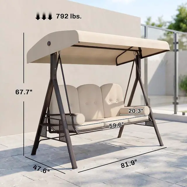 Alt view image 7 of 7 - 3-Seat Patio Swing Chair Adjustable Canopy Beige | Outdoor Porch Swing Glider, Removable Cushion, Pillows, Side Trays, Garden, Poolside, Backyard