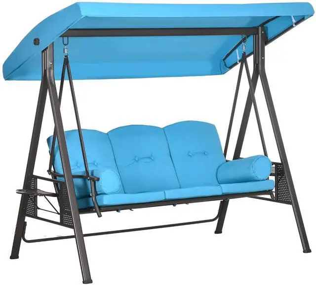 Main image of 3-Seat Patio Swing Chair Adjustable Canopy Blue | Outdoor Porch Swing Glider, Removable Cushion, Pillows, Side Trays, Garden, Poolside, Backyard
