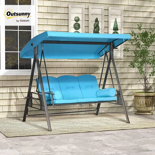 Alt view image 2 of 7 - 3-Seat Patio Swing Chair Adjustable Canopy Blue | Outdoor Porch Swing Glider, Removable Cushion, Pillows, Side Trays, Garden, Poolside, Backyard