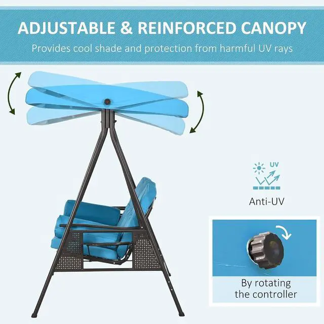 Alt view image 3 of 7 - 3-Seat Patio Swing Chair Adjustable Canopy Blue | Outdoor Porch Swing Glider, Removable Cushion, Pillows, Side Trays, Garden, Poolside, Backyard