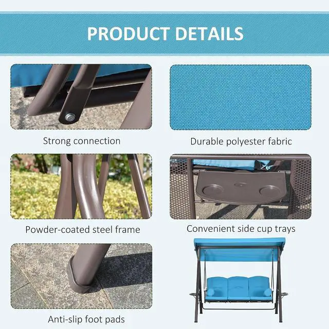 Alt view image 4 of 7 - 3-Seat Patio Swing Chair Adjustable Canopy Blue | Outdoor Porch Swing Glider, Removable Cushion, Pillows, Side Trays, Garden, Poolside, Backyard