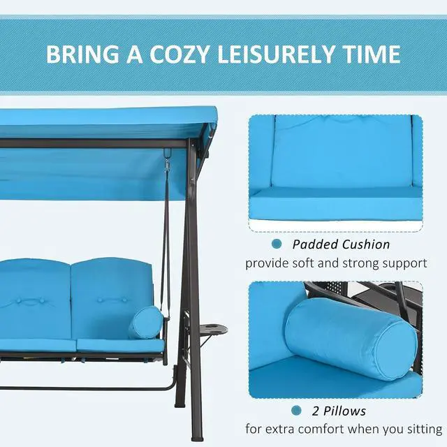 Alt view image 5 of 7 - 3-Seat Patio Swing Chair Adjustable Canopy Blue | Outdoor Porch Swing Glider, Removable Cushion, Pillows, Side Trays, Garden, Poolside, Backyard