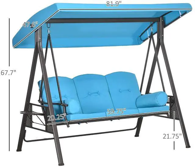 Alt view image 7 of 7 - 3-Seat Patio Swing Chair Adjustable Canopy Blue | Outdoor Porch Swing Glider, Removable Cushion, Pillows, Side Trays, Garden, Poolside, Backyard