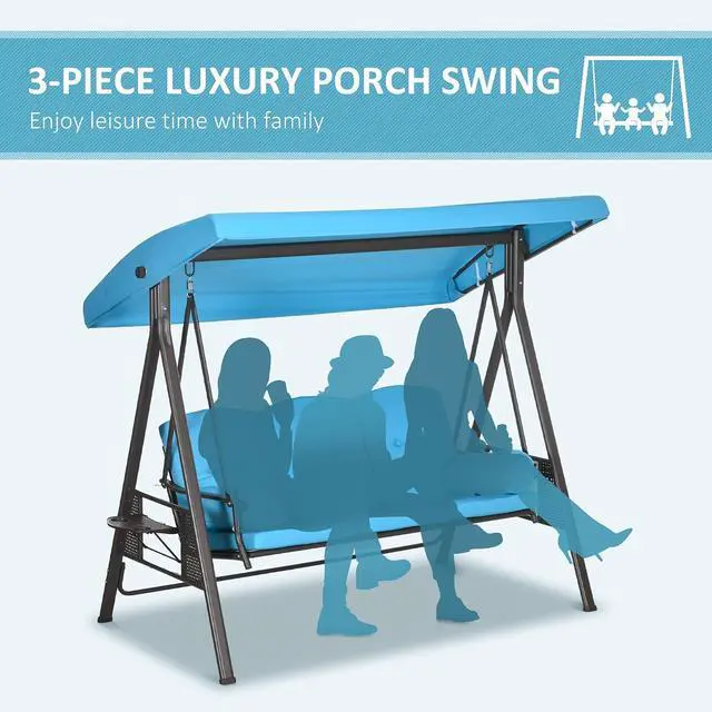 Alt view image 6 of 7 - 3-Seat Patio Swing Chair Adjustable Canopy Blue | Outdoor Porch Swing Glider, Removable Cushion, Pillows, Side Trays, Garden, Poolside, Backyard