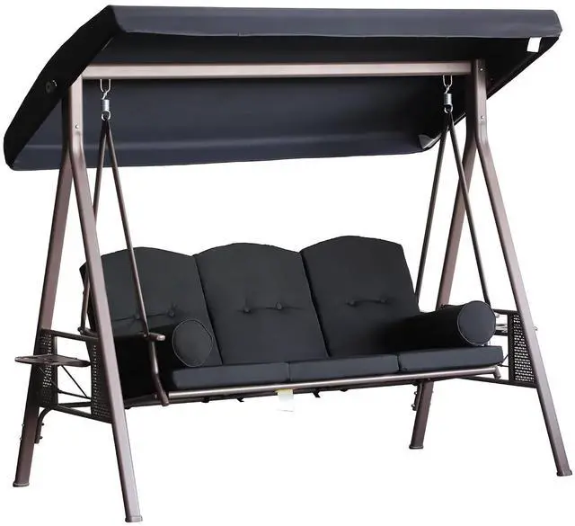 Main image of 3-Seat Patio Swing Chair Adjustable Canopy Black | Outdoor Porch Swing Glider, Removable Cushion, Pillows, Side Trays, Garden, Poolside, Backyard