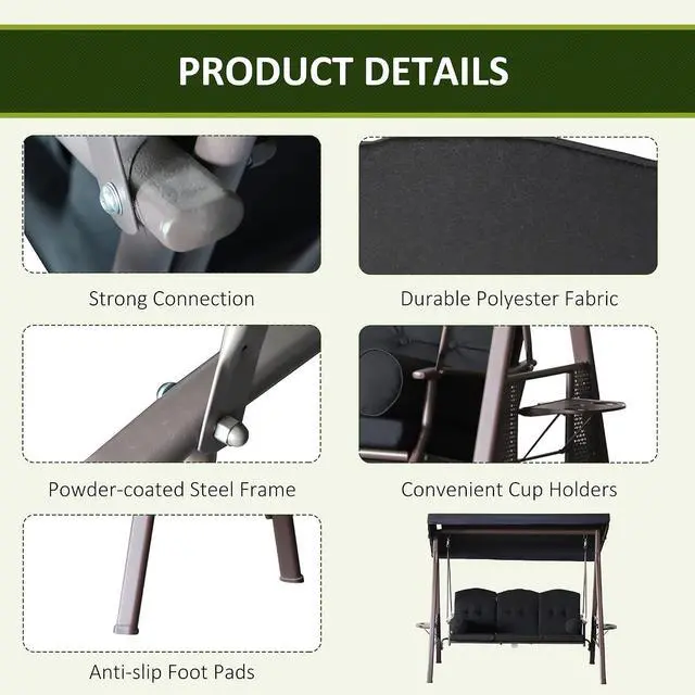Alt view image 4 of 7 - 3-Seat Patio Swing Chair Adjustable Canopy Black | Outdoor Porch Swing Glider, Removable Cushion, Pillows, Side Trays, Garden, Poolside, Backyard