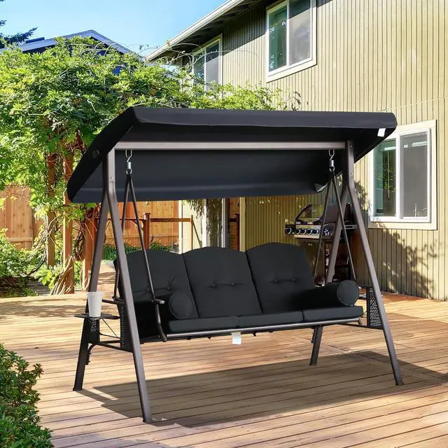 Alt view image 2 of 7 - 3-Seat Patio Swing Chair Adjustable Canopy Black | Outdoor Porch Swing Glider, Removable Cushion, Pillows, Side Trays, Garden, Poolside, Backyard