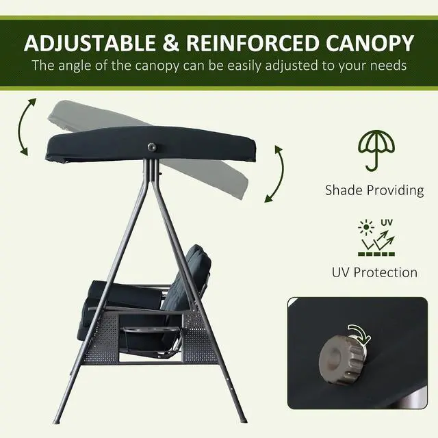Alt view image 3 of 7 - 3-Seat Patio Swing Chair Adjustable Canopy Black | Outdoor Porch Swing Glider, Removable Cushion, Pillows, Side Trays, Garden, Poolside, Backyard