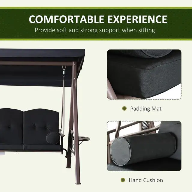 Alt view image 5 of 7 - 3-Seat Patio Swing Chair Adjustable Canopy Black | Outdoor Porch Swing Glider, Removable Cushion, Pillows, Side Trays, Garden, Poolside, Backyard