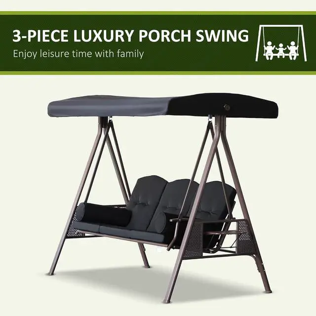 Alt view image 6 of 7 - 3-Seat Patio Swing Chair Adjustable Canopy Black | Outdoor Porch Swing Glider, Removable Cushion, Pillows, Side Trays, Garden, Poolside, Backyard