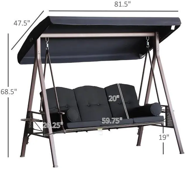 Alt view image 7 of 7 - 3-Seat Patio Swing Chair Adjustable Canopy Black | Outdoor Porch Swing Glider, Removable Cushion, Pillows, Side Trays, Garden, Poolside, Backyard