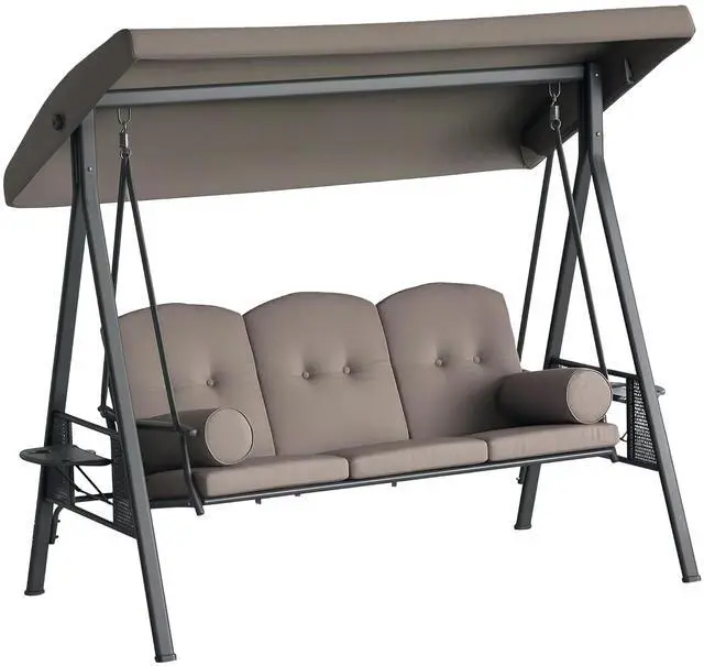 Main image of 3-Seat Patio Swing Chair Adjustable Canopy Brown | Outdoor Porch Swing Glider, Removable Cushion, Pillows, Side Trays, Garden, Poolside, Backyard