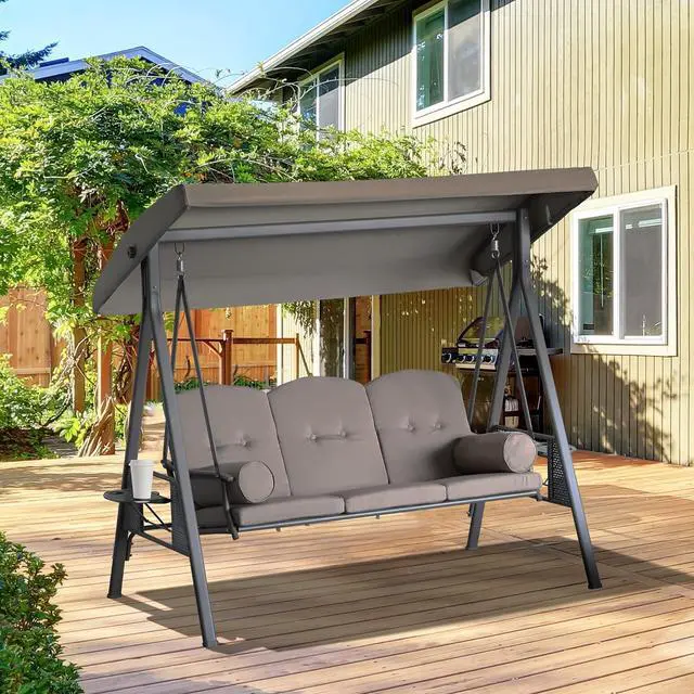 Alt view image 2 of 7 - 3-Seat Patio Swing Chair Adjustable Canopy Brown | Outdoor Porch Swing Glider, Removable Cushion, Pillows, Side Trays, Garden, Poolside, Backyard