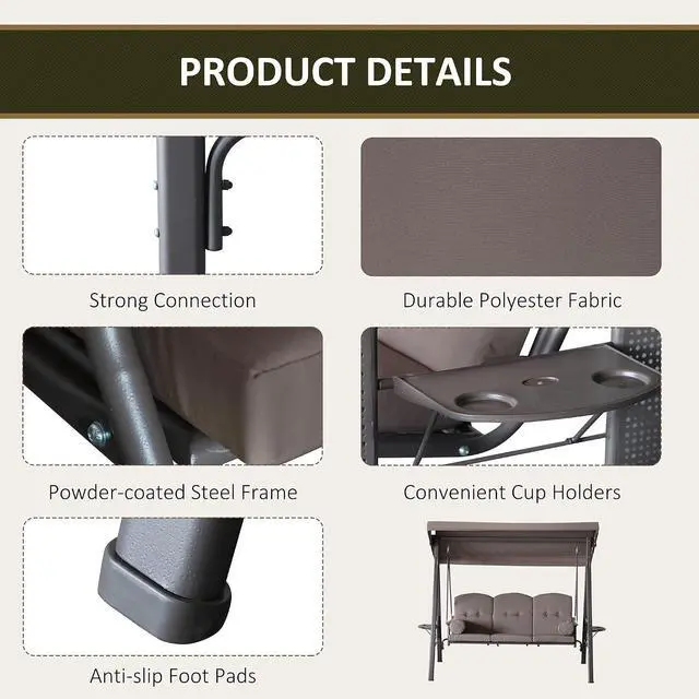 Alt view image 4 of 7 - 3-Seat Patio Swing Chair Adjustable Canopy Brown | Outdoor Porch Swing Glider, Removable Cushion, Pillows, Side Trays, Garden, Poolside, Backyard