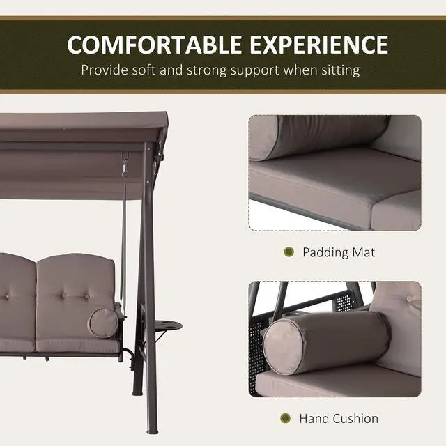 Alt view image 5 of 7 - 3-Seat Patio Swing Chair Adjustable Canopy Brown | Outdoor Porch Swing Glider, Removable Cushion, Pillows, Side Trays, Garden, Poolside, Backyard