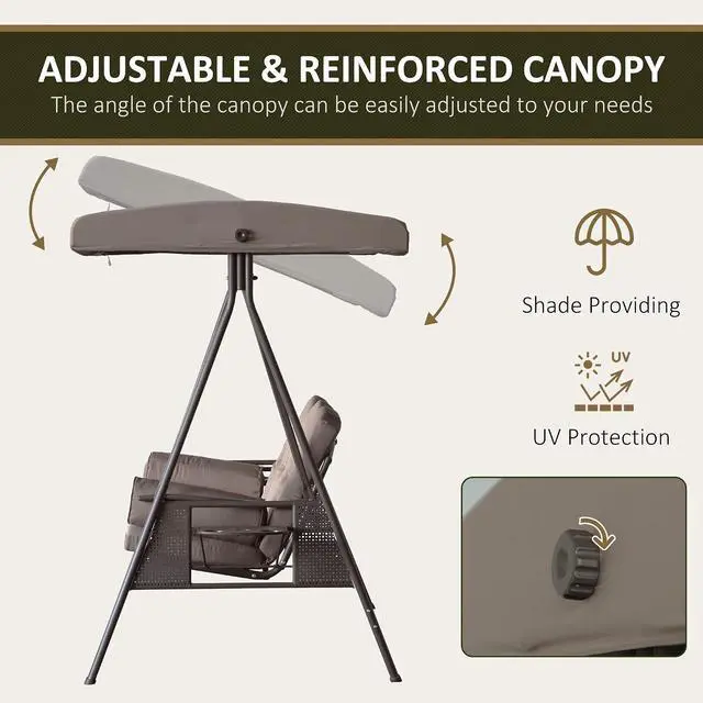 Alt view image 3 of 7 - 3-Seat Patio Swing Chair Adjustable Canopy Brown | Outdoor Porch Swing Glider, Removable Cushion, Pillows, Side Trays, Garden, Poolside, Backyard