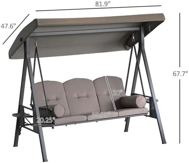 Alt view image 7 of 7 - 3-Seat Patio Swing Chair Adjustable Canopy Brown | Outdoor Porch Swing Glider, Removable Cushion, Pillows, Side Trays, Garden, Poolside, Backyard