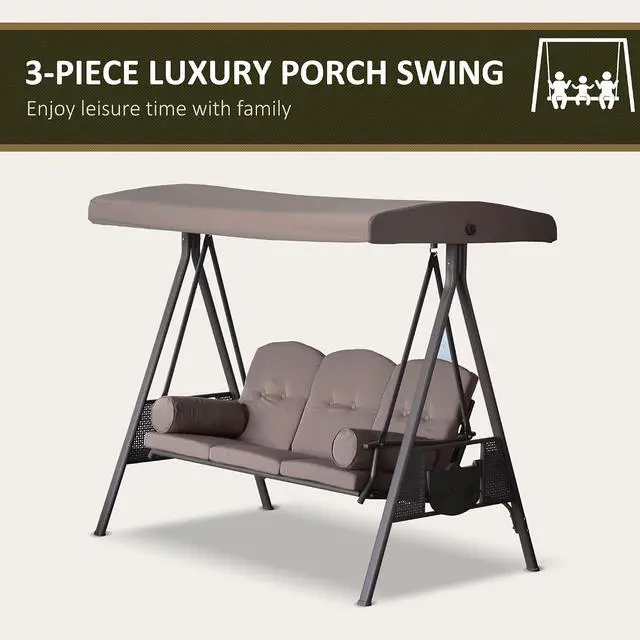 Alt view image 6 of 7 - 3-Seat Patio Swing Chair Adjustable Canopy Brown | Outdoor Porch Swing Glider, Removable Cushion, Pillows, Side Trays, Garden, Poolside, Backyard