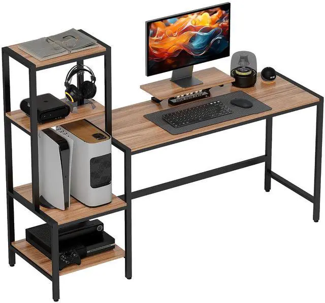 Main image of 67" Gaming Desk Reversible Computer Desk for Home Office Brown | Monitor Stand, 4-Tier Storage Shelves