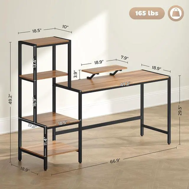 Alt view image 3 of 7 - 67" Gaming Desk Reversible Computer Desk for Home Office Brown | Monitor Stand, 4-Tier Storage Shelves