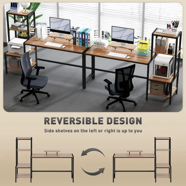 Alt view image 4 of 7 - 67" Gaming Desk Reversible Computer Desk for Home Office Brown | Monitor Stand, 4-Tier Storage Shelves