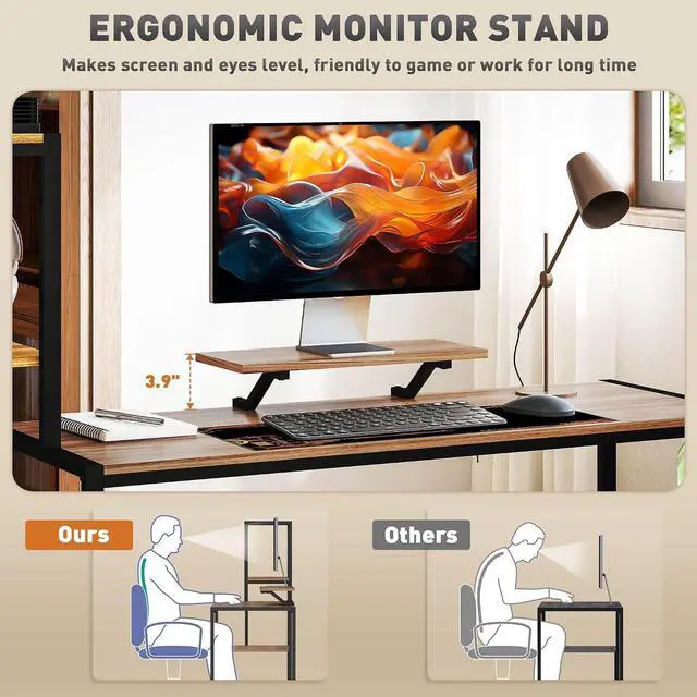 Alt view image 5 of 7 - 67" Gaming Desk Reversible Computer Desk for Home Office Brown | Monitor Stand, 4-Tier Storage Shelves