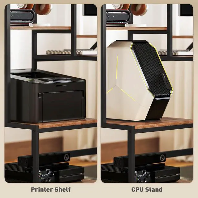 Alt view image 6 of 7 - 67" Gaming Desk Reversible Computer Desk for Home Office Brown | Monitor Stand, 4-Tier Storage Shelves