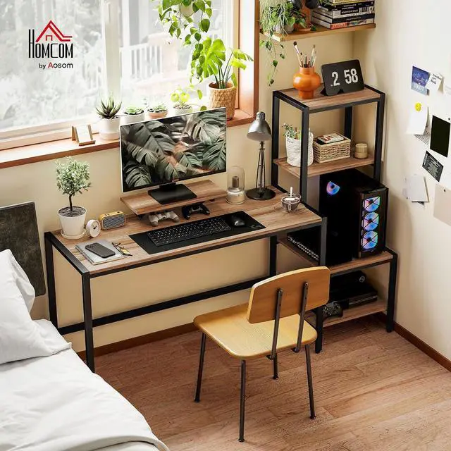 Alt view image 2 of 7 - 67" Gaming Desk Reversible Computer Desk for Home Office Brown | Monitor Stand, 4-Tier Storage Shelves