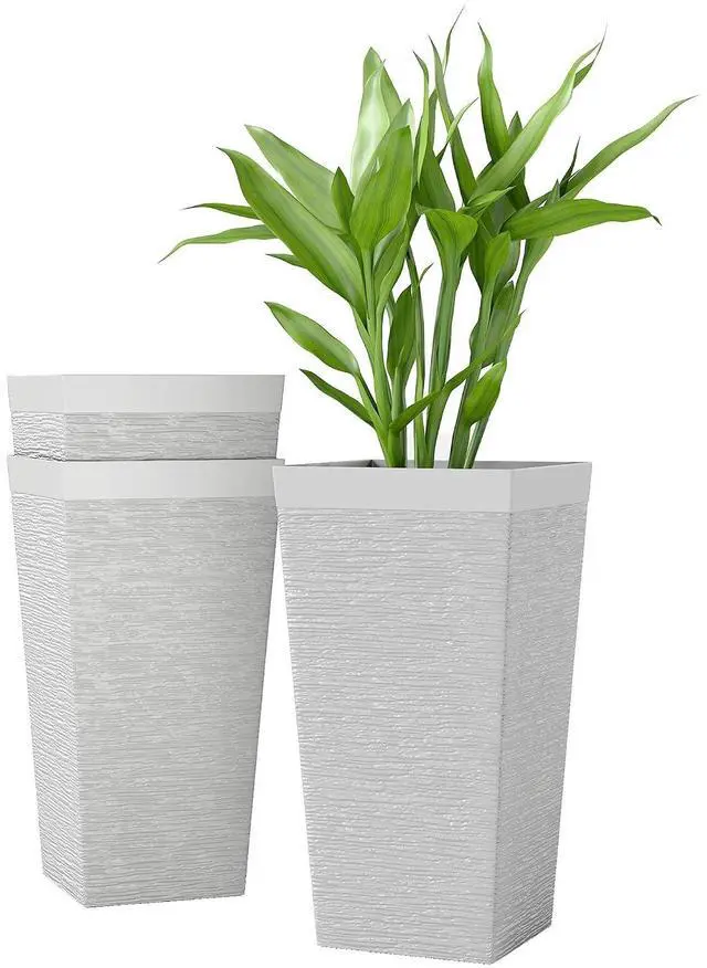 Main image of 22.8 Inch Tall Planters for Outdoor Plants Set of 3, White | Wheels, Plastic Flower Pots, Stone Finish, Stackable Tapered Planters, Drainage Hole, Indoor Plants, Front Porch
