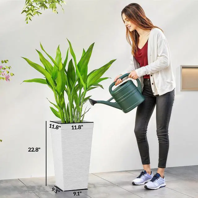 Alt view image 3 of 7 - 22.8 Inch Tall Planters for Outdoor Plants Set of 3, White | Wheels, Plastic Flower Pots, Stone Finish, Stackable Tapered Planters, Drainage Hole, Indoor Plants, Front Porch