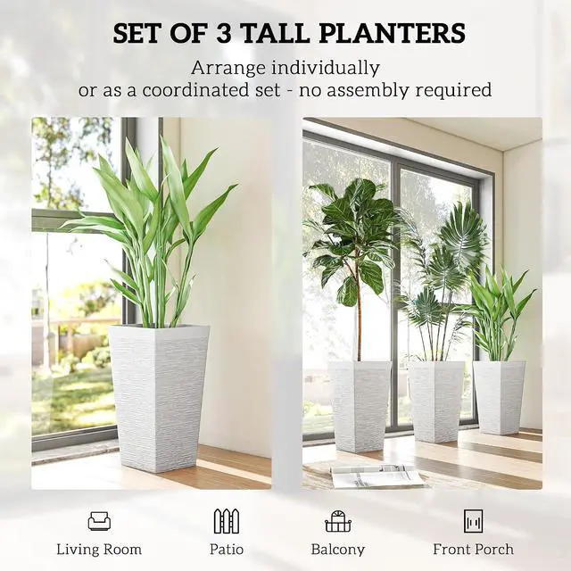 Alt view image 4 of 7 - 22.8 Inch Tall Planters for Outdoor Plants Set of 3, White | Wheels, Plastic Flower Pots, Stone Finish, Stackable Tapered Planters, Drainage Hole, Indoor Plants, Front Porch