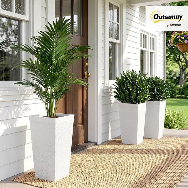 Alt view image 2 of 7 - 22.8 Inch Tall Planters for Outdoor Plants Set of 3, White | Wheels, Plastic Flower Pots, Stone Finish, Stackable Tapered Planters, Drainage Hole, Indoor Plants, Front Porch