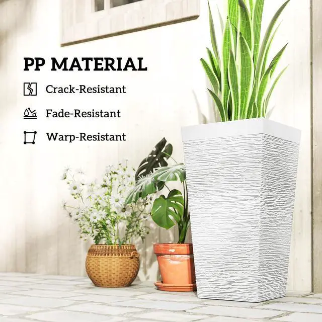 Alt view image 6 of 7 - 22.8 Inch Tall Planters for Outdoor Plants Set of 3, White | Wheels, Plastic Flower Pots, Stone Finish, Stackable Tapered Planters, Drainage Hole, Indoor Plants, Front Porch
