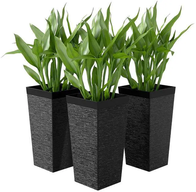 Main image of 22.8 Inch Tall Planters for Outdoor Plants Set of 3, Black | Wheels, Plastic Flower Pots, Stone Finish, Stackable Tapered Planters, Drainage Hole, Indoor Plants, Front Porch