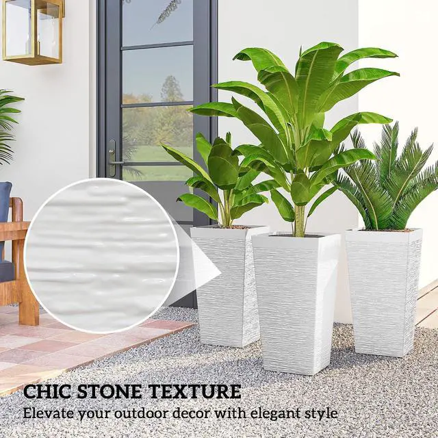 Alt view image 5 of 7 - 22.8 Inch Tall Planters for Outdoor Plants Set of 3, White | Wheels, Plastic Flower Pots, Stone Finish, Stackable Tapered Planters, Drainage Hole, Indoor Plants, Front Porch