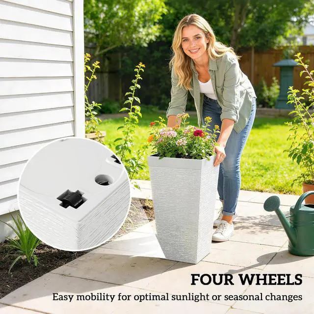 Alt view image 7 of 7 - 22.8 Inch Tall Planters for Outdoor Plants Set of 3, White | Wheels, Plastic Flower Pots, Stone Finish, Stackable Tapered Planters, Drainage Hole, Indoor Plants, Front Porch