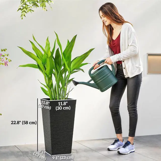 Alt view image 3 of 7 - 22.8 Inch Tall Planters for Outdoor Plants Set of 3, Black | Wheels, Plastic Flower Pots, Stone Finish, Stackable Tapered Planters, Drainage Hole, Indoor Plants, Front Porch