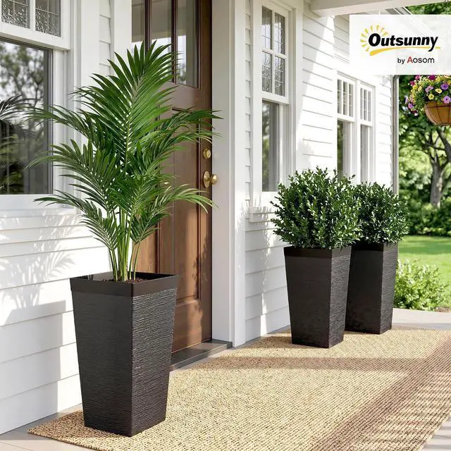 Alt view image 2 of 7 - 22.8 Inch Tall Planters for Outdoor Plants Set of 3, Black | Wheels, Plastic Flower Pots, Stone Finish, Stackable Tapered Planters, Drainage Hole, Indoor Plants, Front Porch